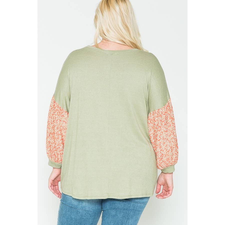 Plus Size Floral & Solid Color Blocked Top -Valentine/Spring