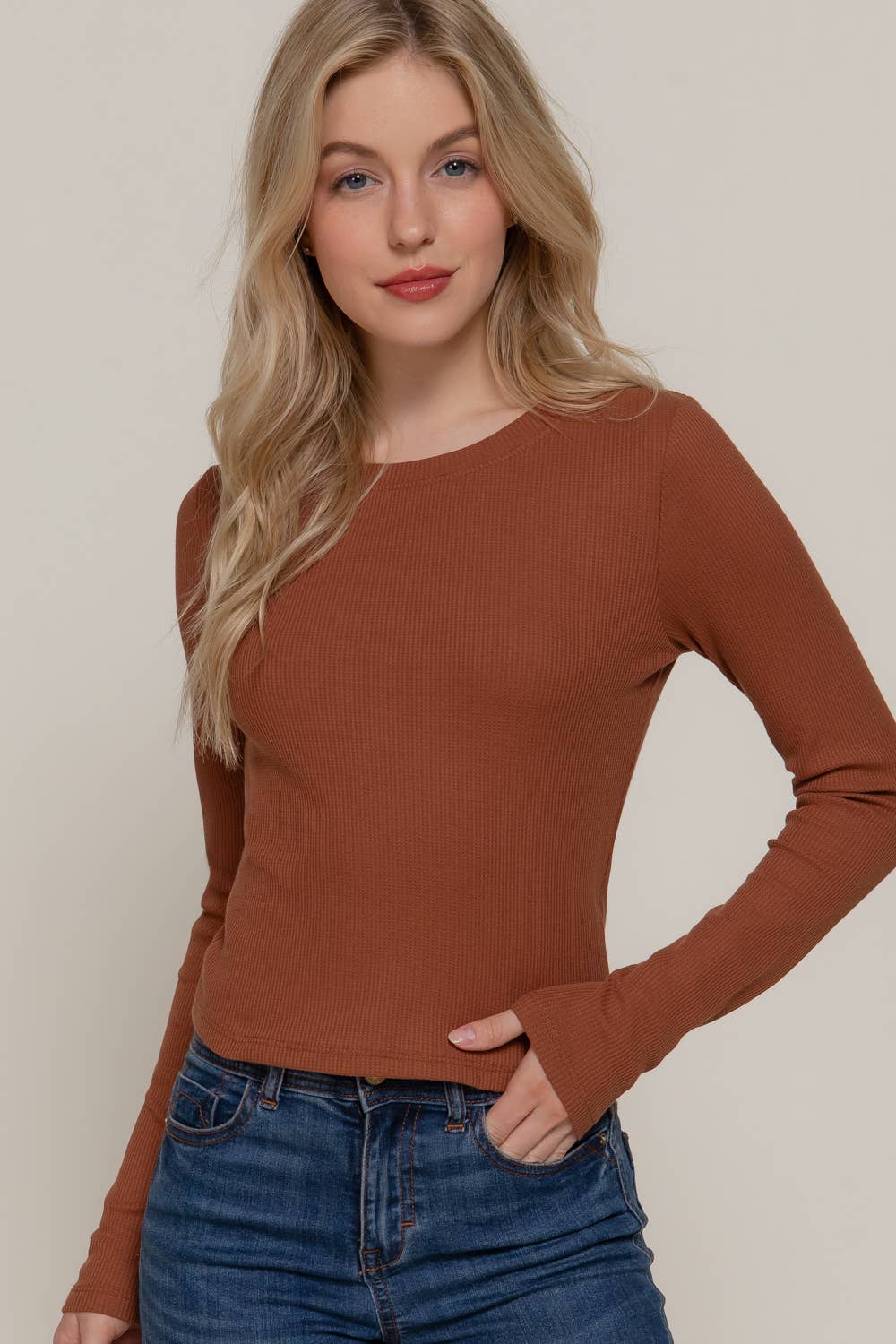 Long Sleeve Crew Neck Thermal Crop Knit Top