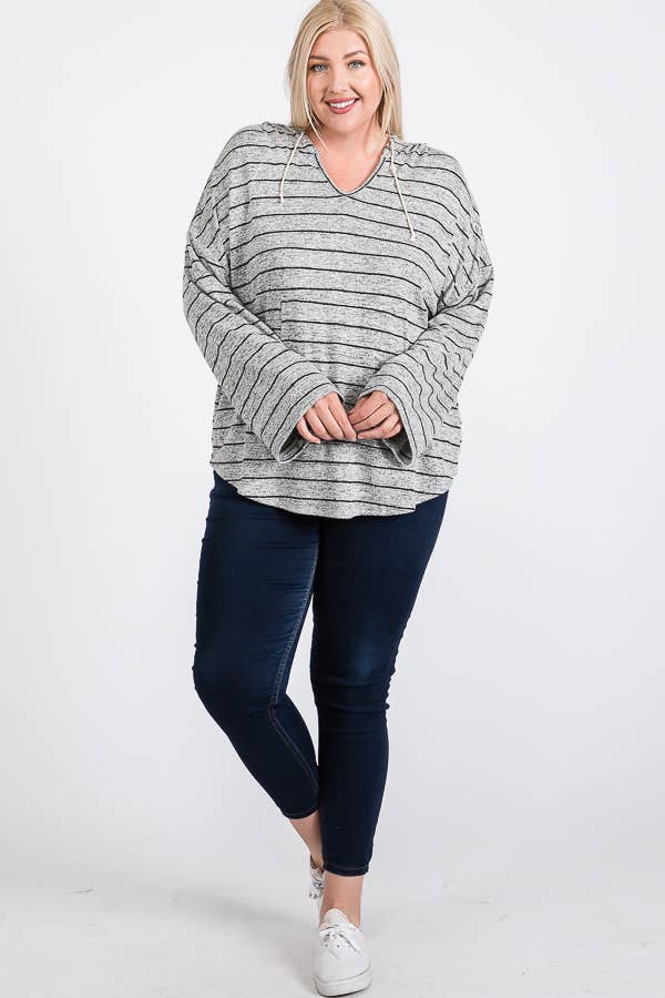Plus Size V Neck Striped Round Hem Hoodie Basic Top