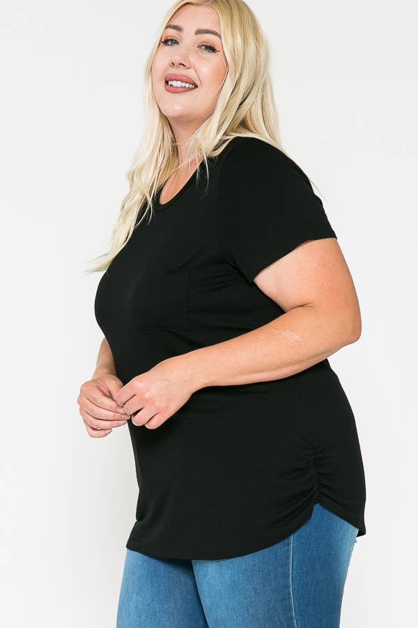 Plus Size Round Neck Solid Basic Side Shirring Blouse Top