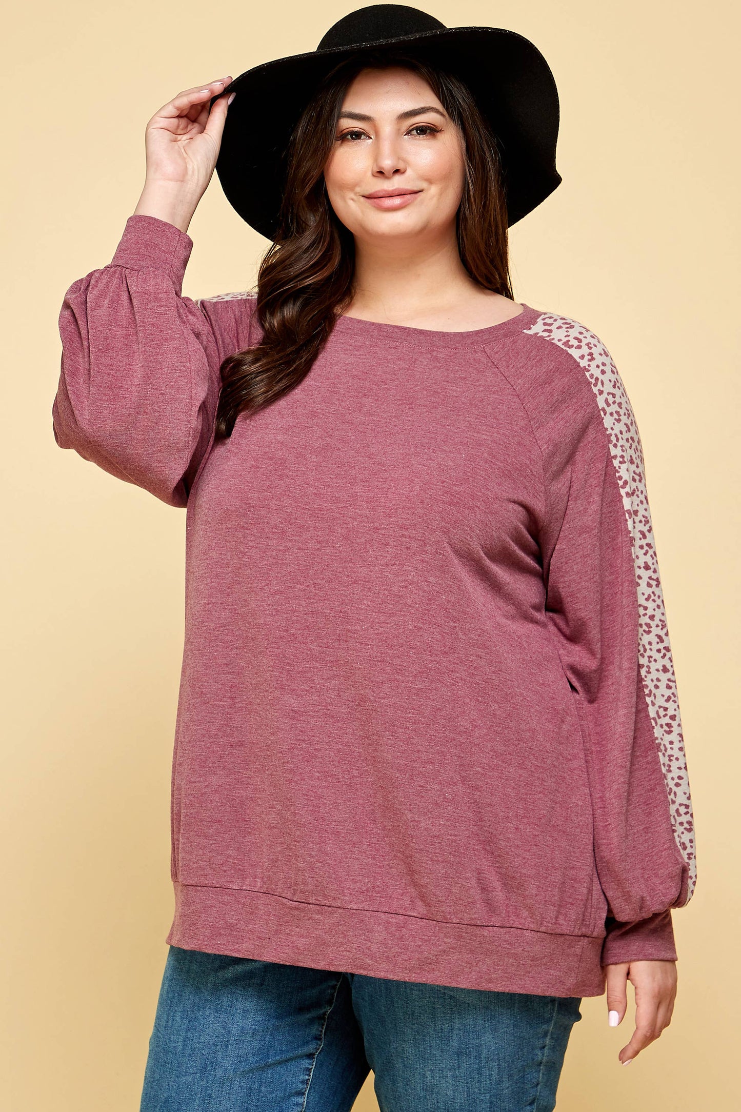 Plus Animal Printed Balloon Sleeves Top