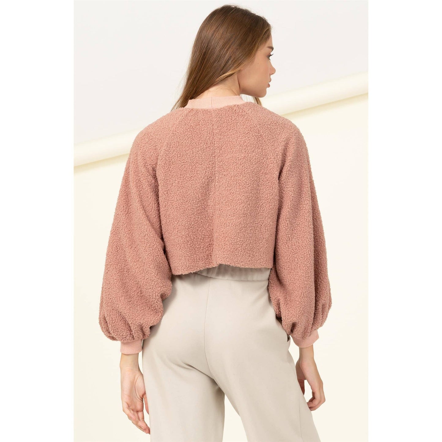 Taupe Raglan Balloon Sleeves Fur Pullover: