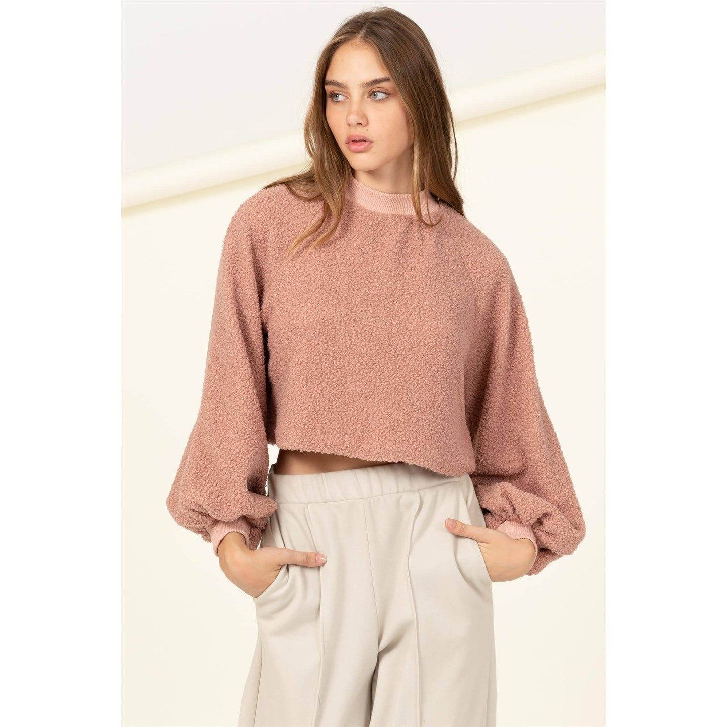 Taupe Raglan Balloon Sleeves Fur Pullover: