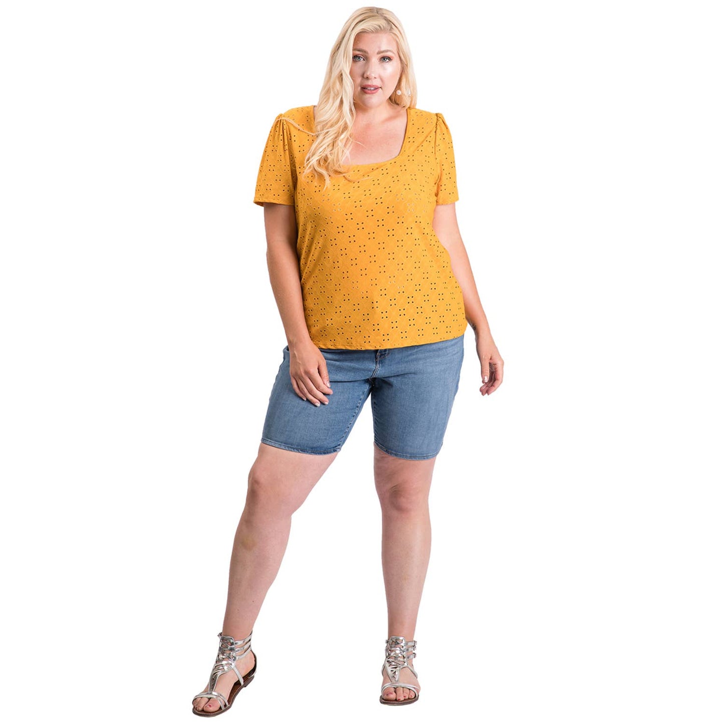 Plus Size Spring Eyelet Solid Knit Top