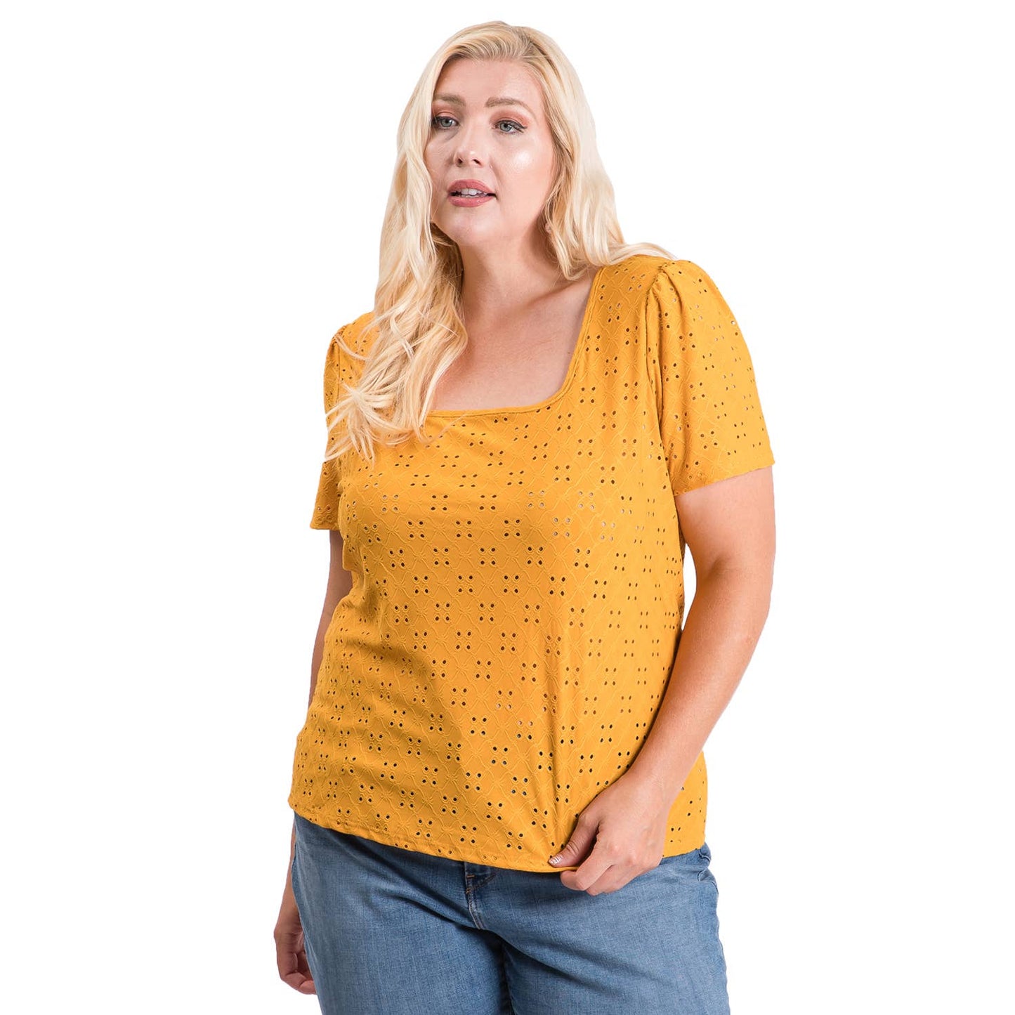 Plus Size Spring Eyelet Solid Knit Top