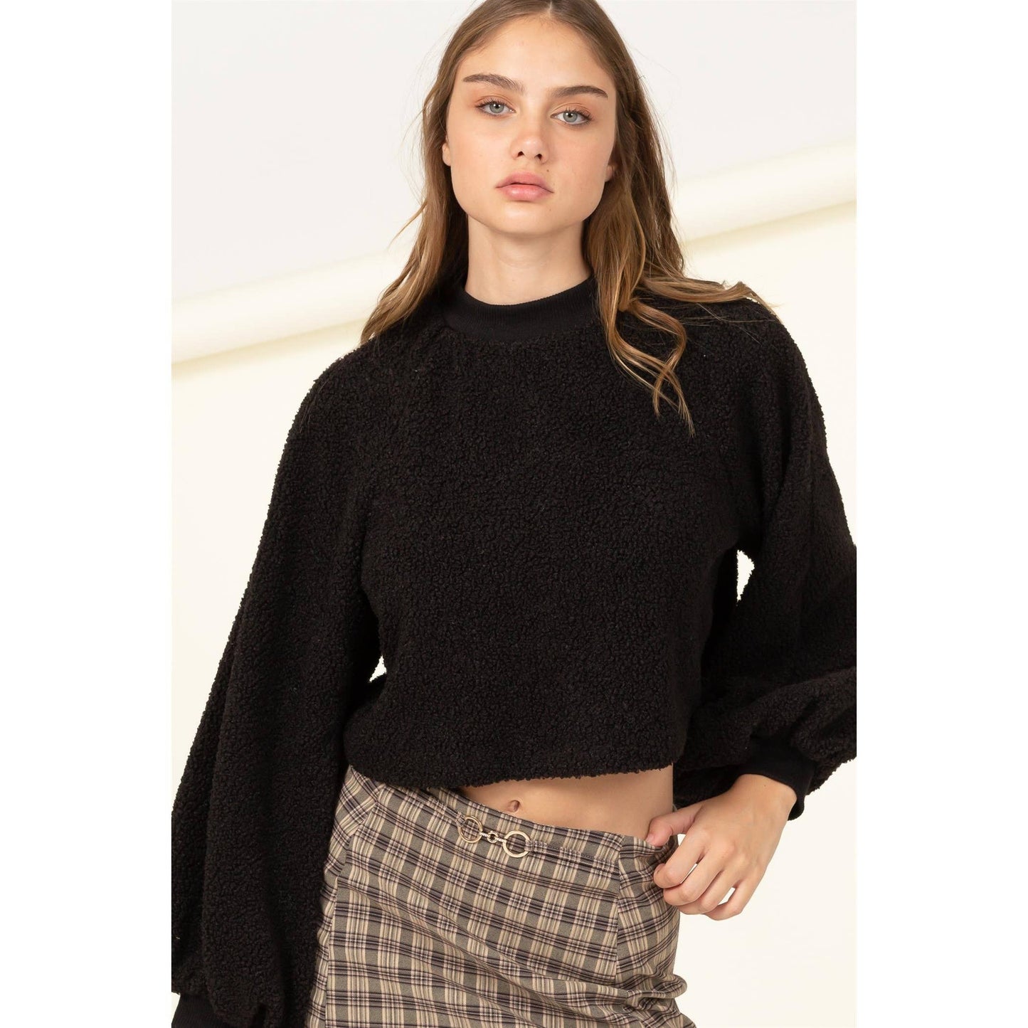 Taupe Raglan Balloon Sleeves Fur Pullover: