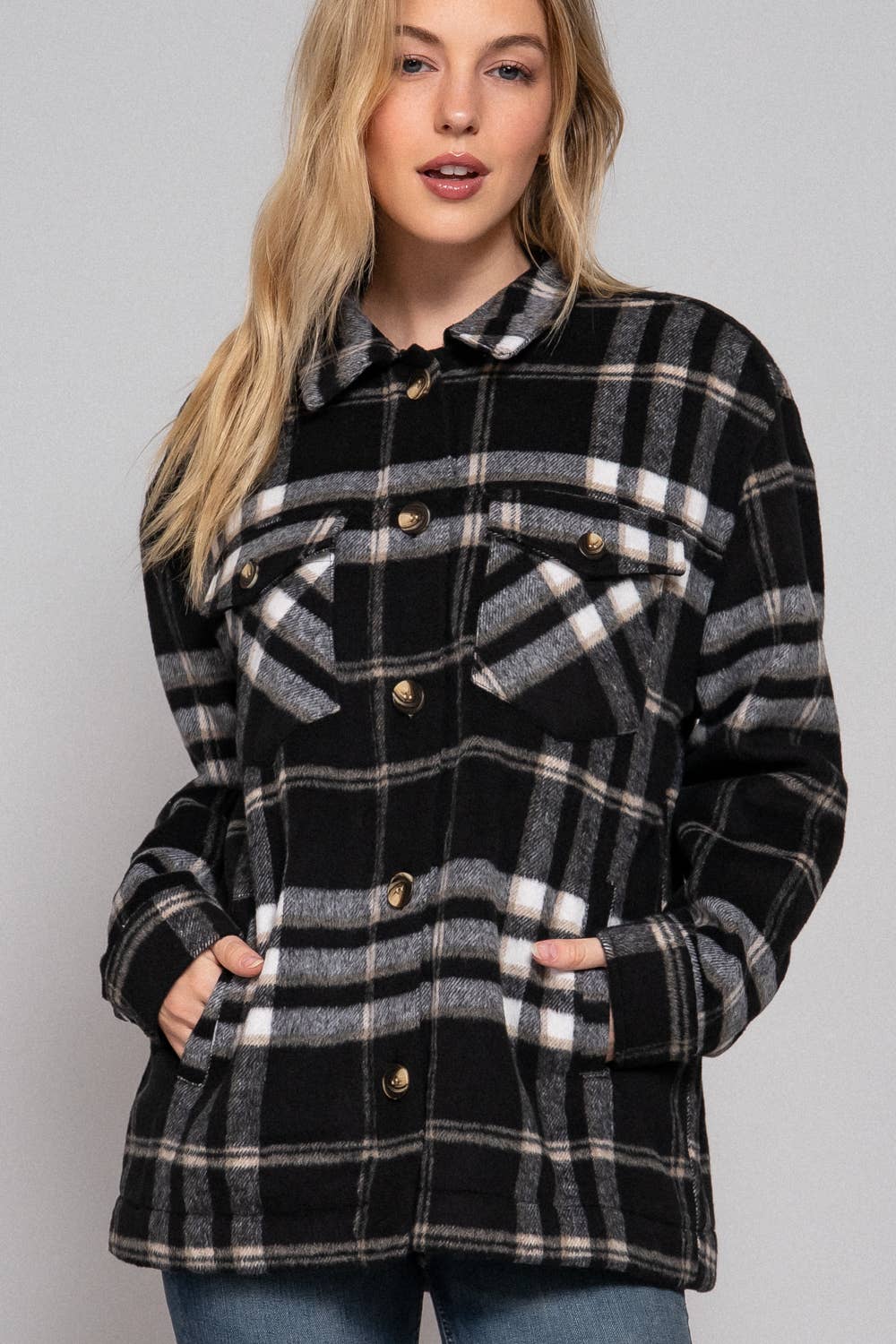 Black/cream Inside Faux Fur Brushed Plaid Jacket
