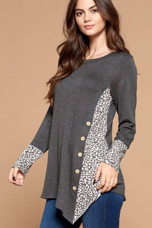 Grey Side Button Tunic Top: Heather Grey