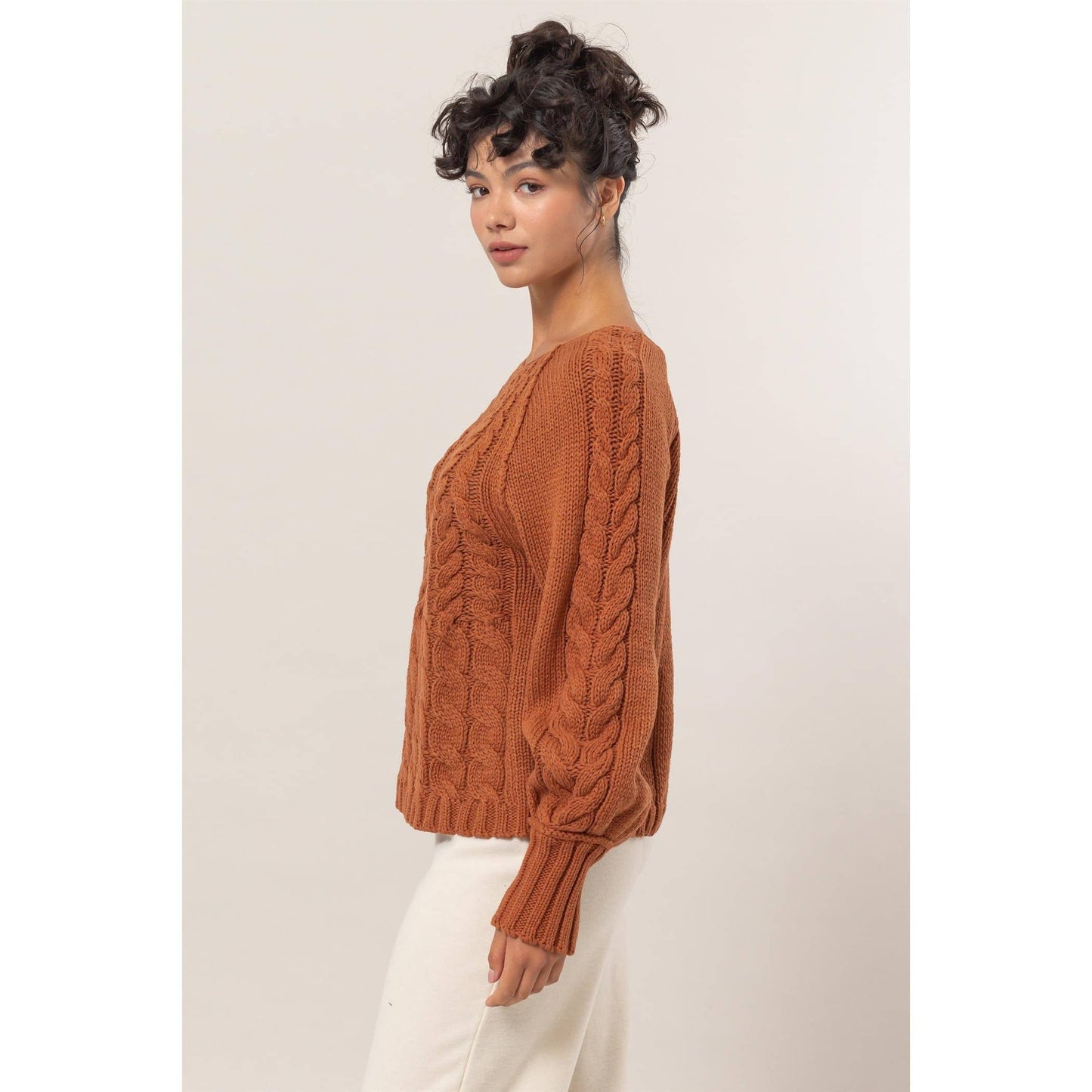 Brown Cable Knit Pattern Sweater: