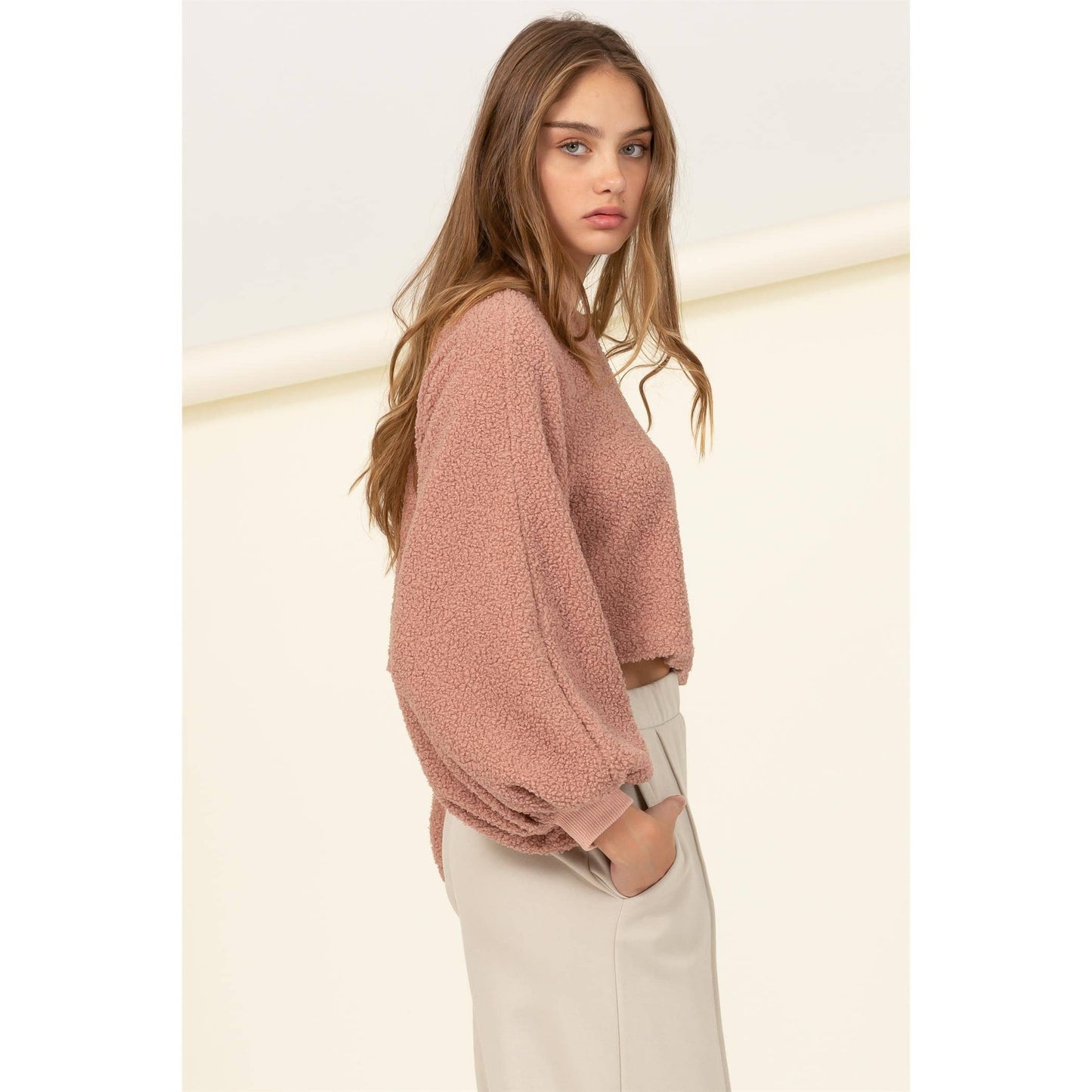 Taupe Raglan Balloon Sleeves Fur Pullover: