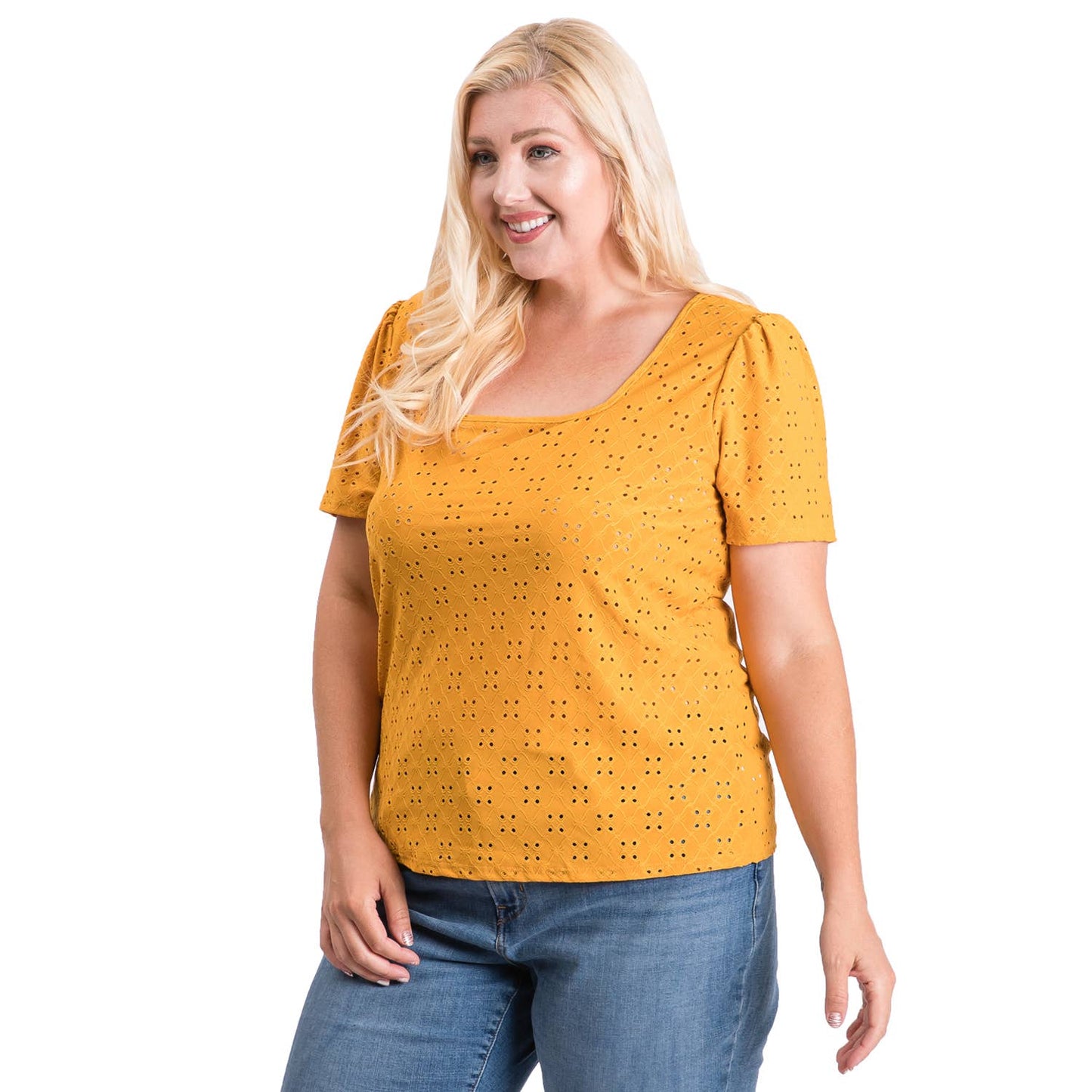 Plus Size Spring Eyelet Solid Knit Top