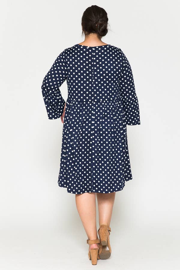 Plus Size Polka Dot Ruffle Sleeve Babydoll Midi Dress
