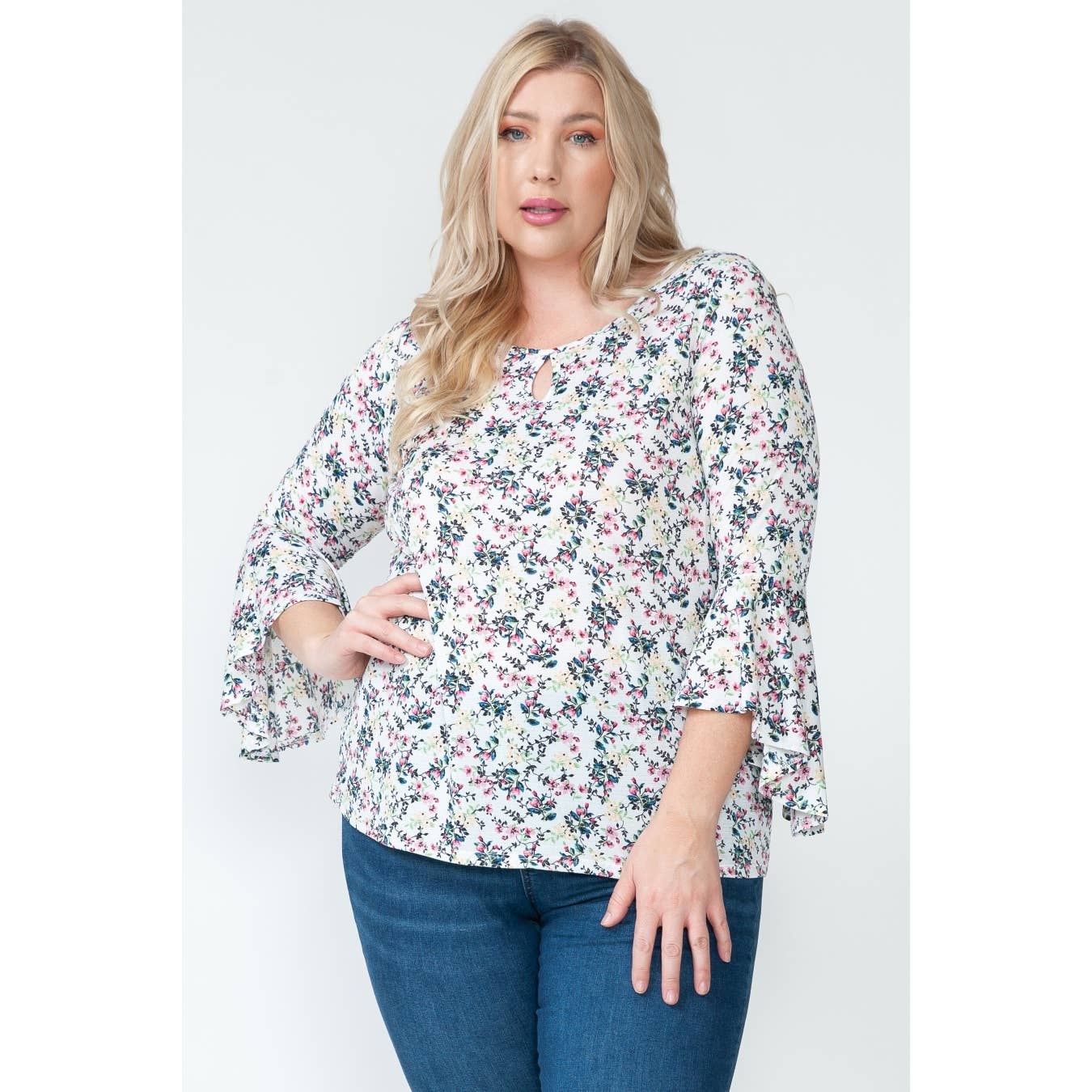 Plus Size Spring Floral Fairy Blouse with Ruffle Sleeves