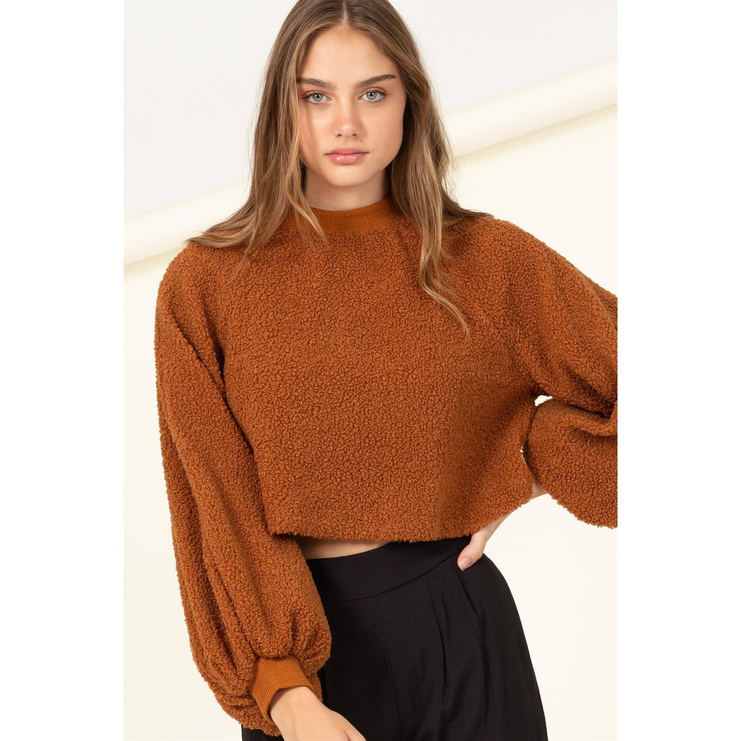 Taupe Raglan Balloon Sleeves Fur Pullover: