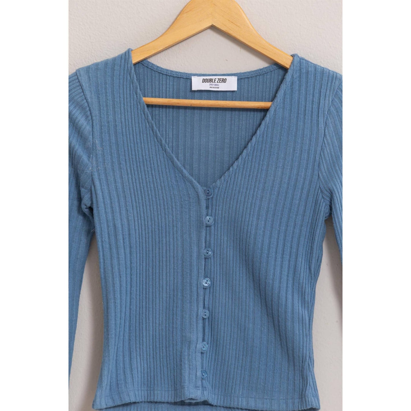 Blue Ribbed Button-Front Top