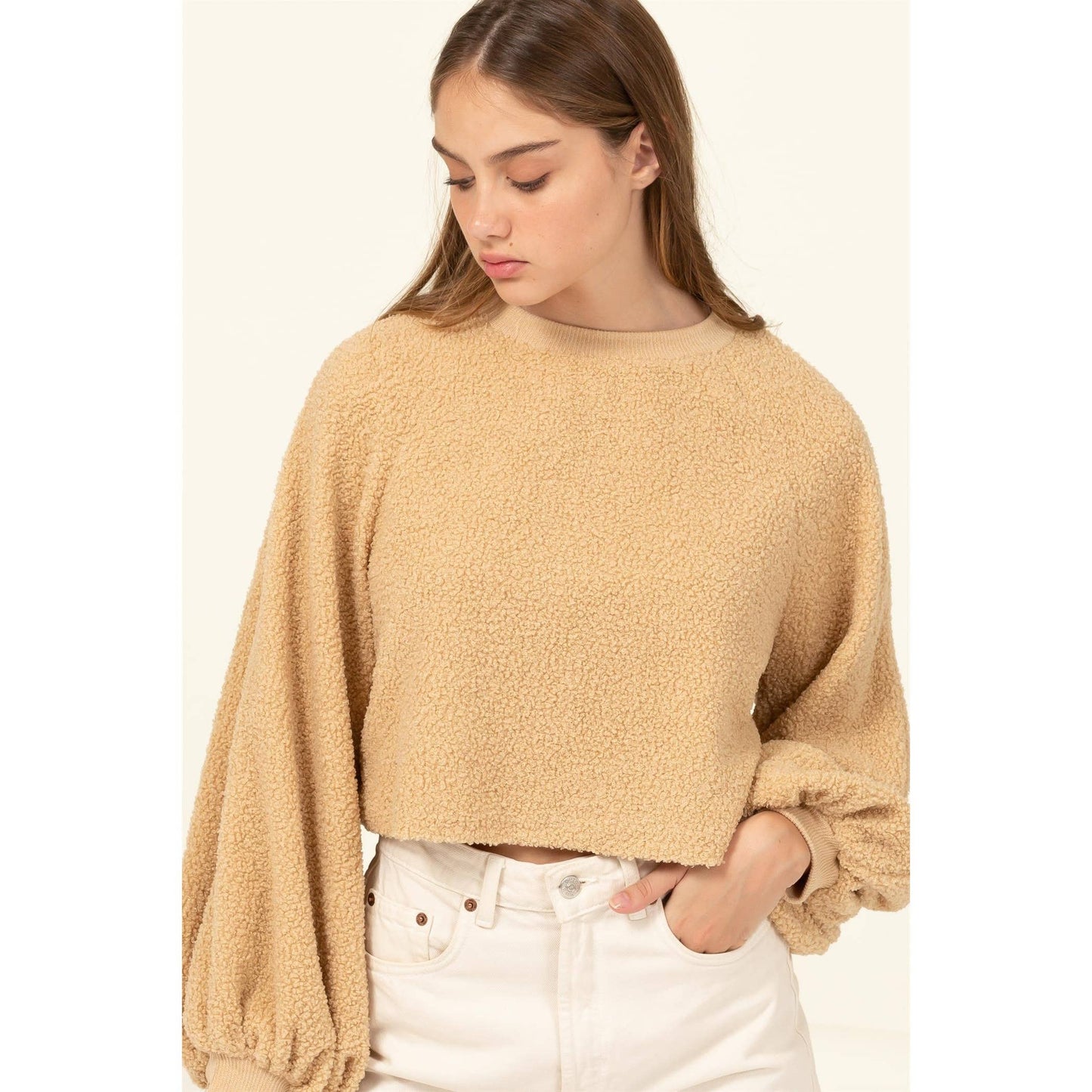 Taupe Raglan Balloon Sleeves Fur Pullover: