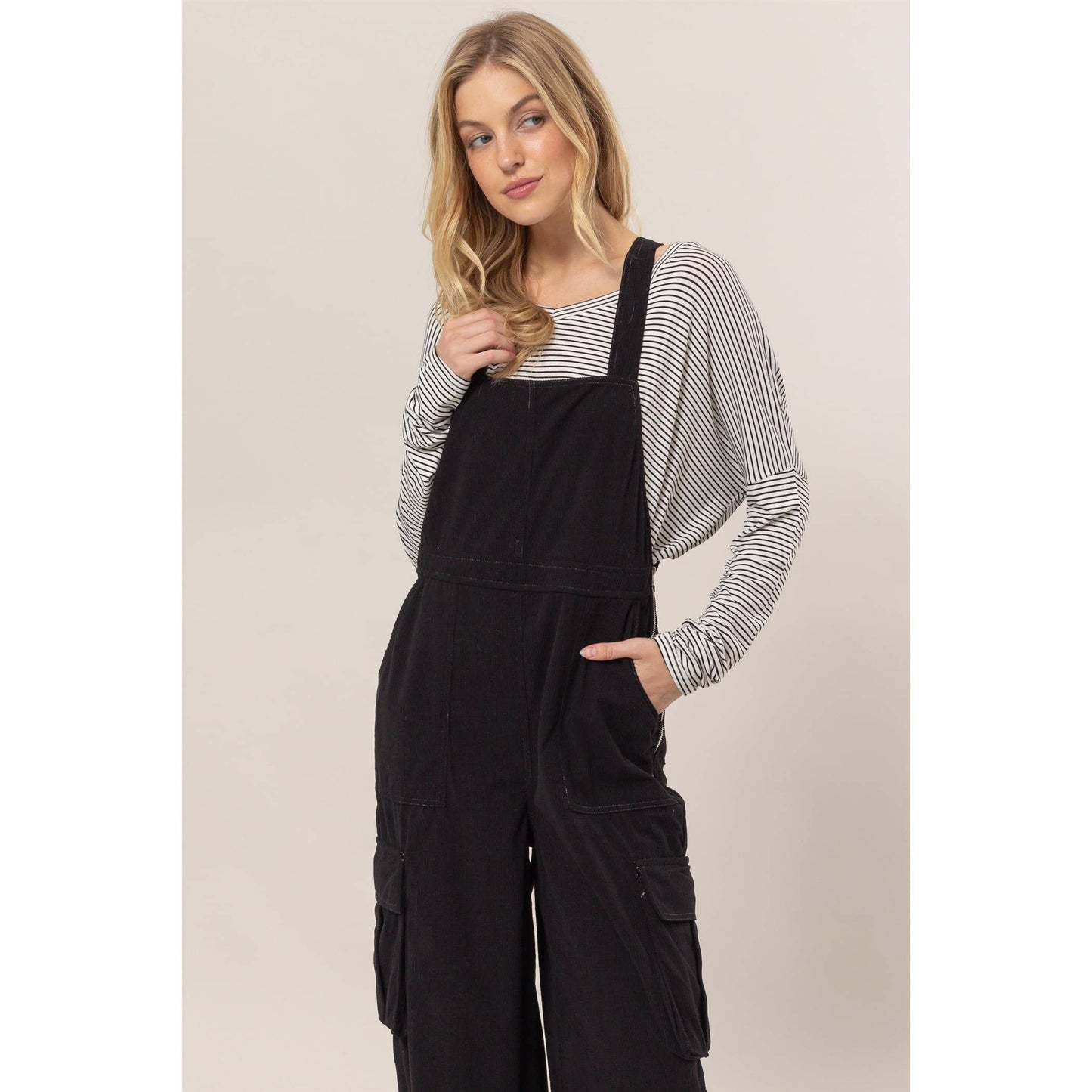 Black Corduroy Cargo Overalls