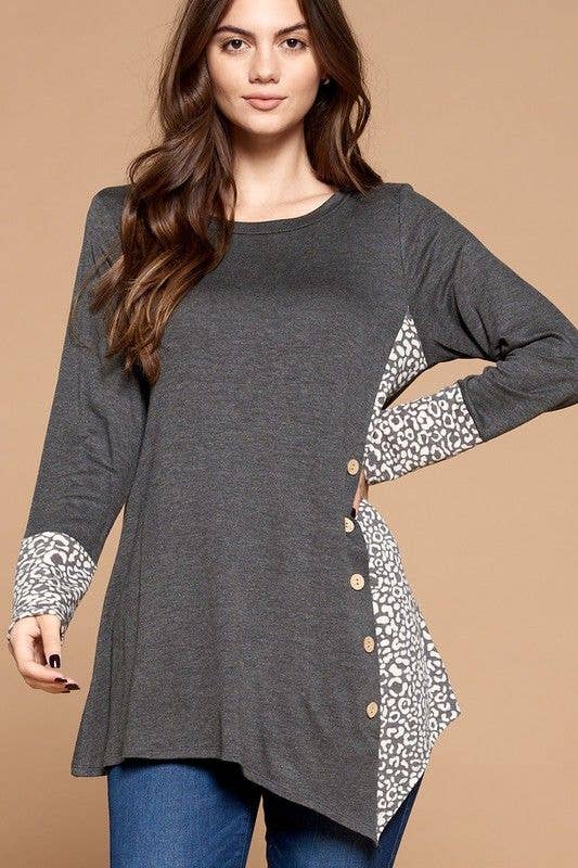Grey Side Button Tunic Top: Heather Grey