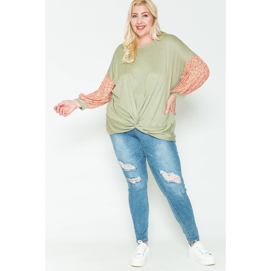 Plus Size Floral & Solid Color Blocked Top -Valentine/Spring