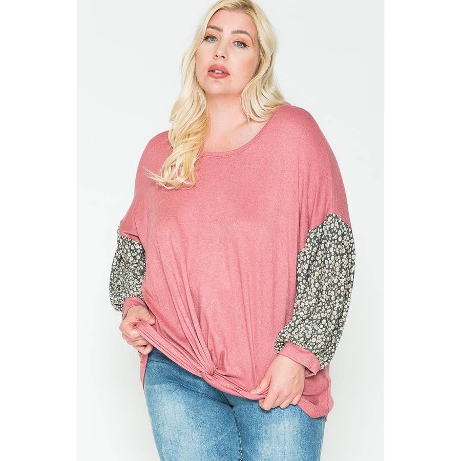 Plus Size Floral & Solid Color Blocked Top -Valentine/Spring