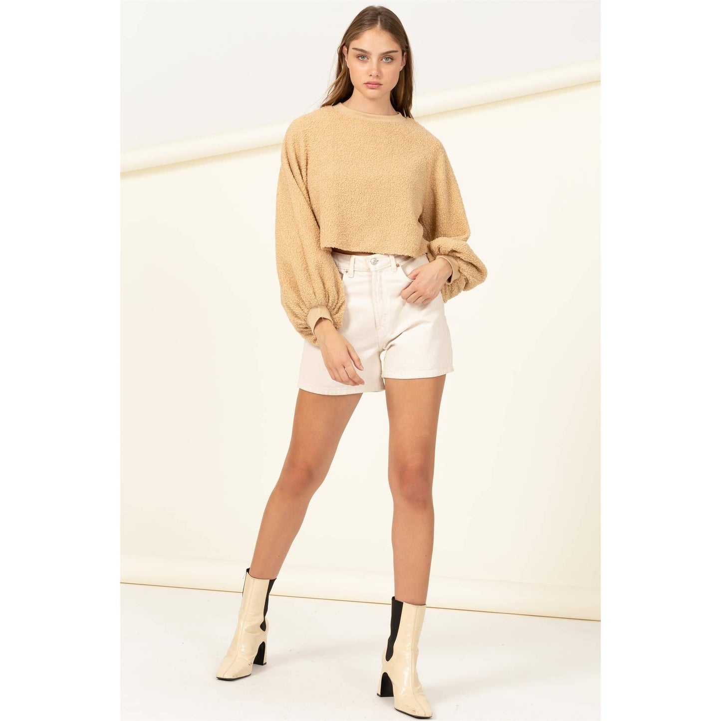 Taupe Raglan Balloon Sleeves Fur Pullover: