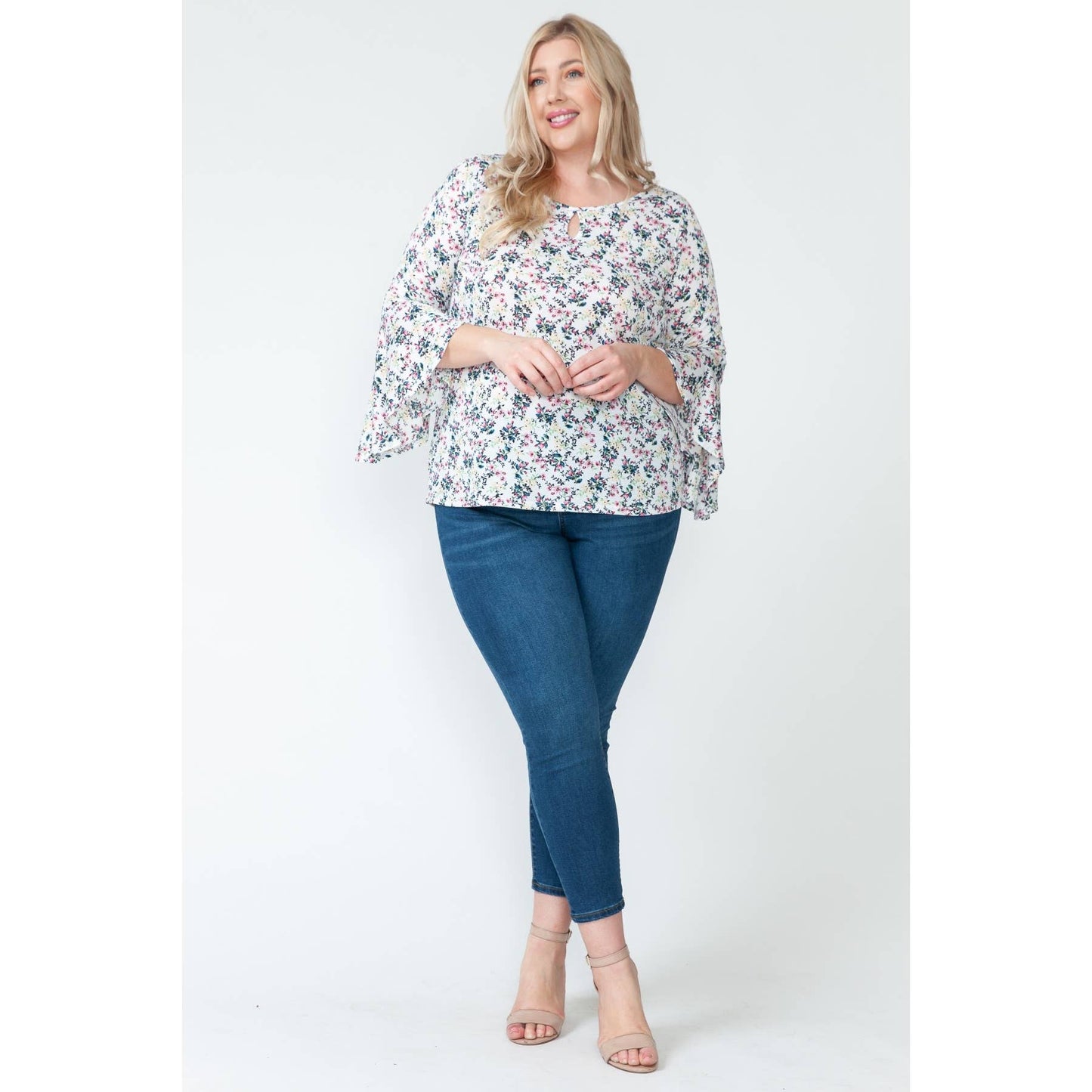 Plus Size Spring Floral Fairy Blouse with Ruffle Sleeves