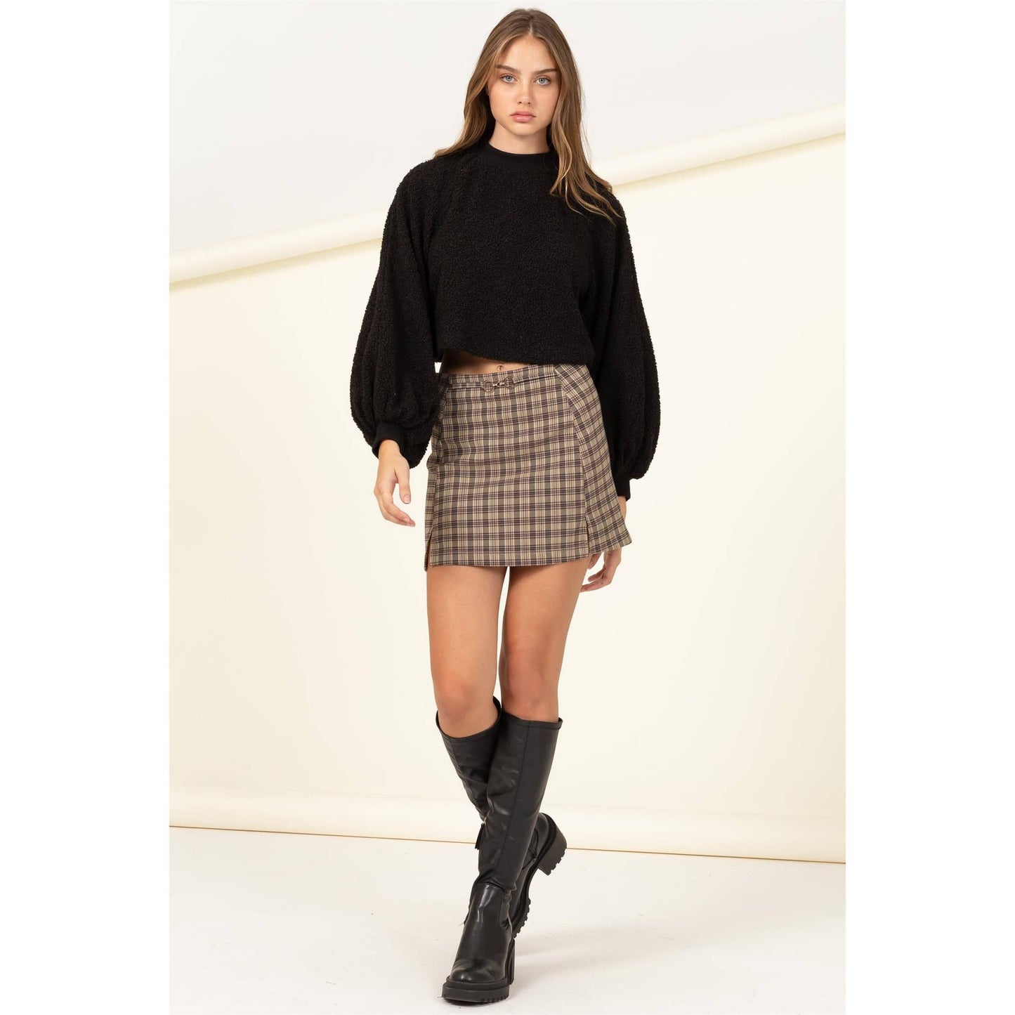 Taupe Raglan Balloon Sleeves Fur Pullover: