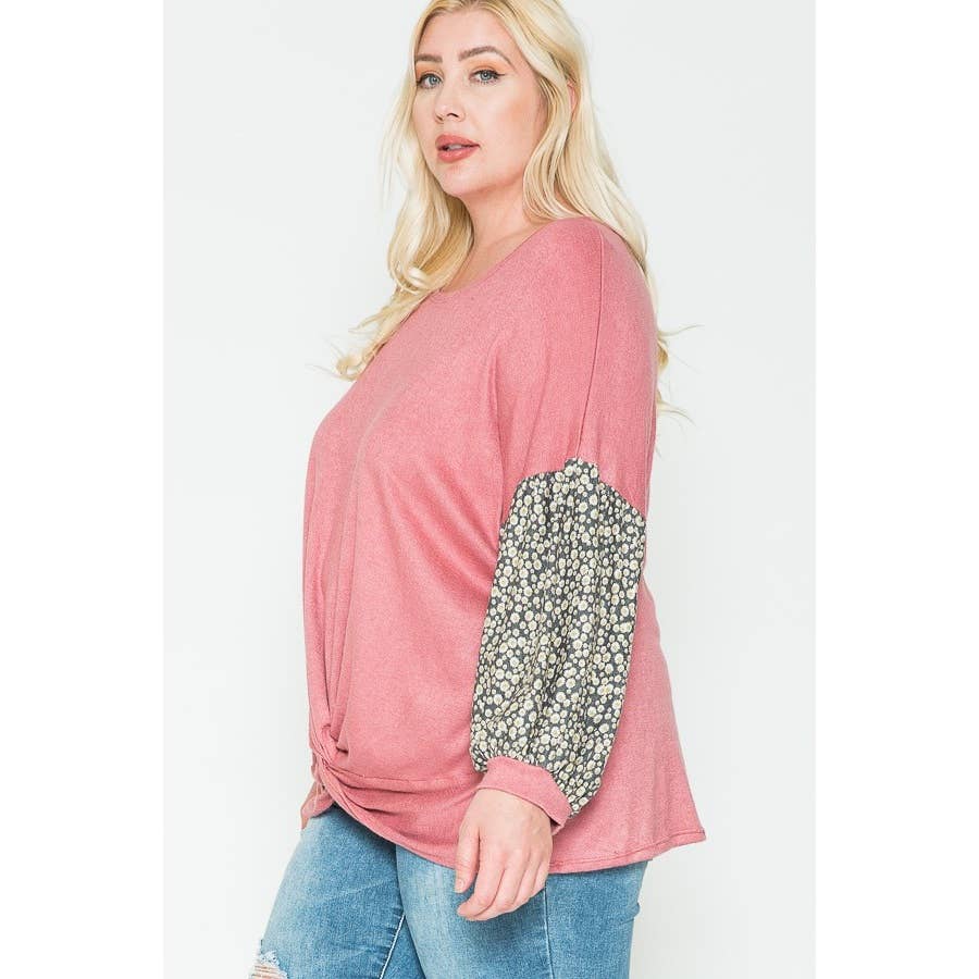 Plus Size Floral & Solid Color Blocked Top -Valentine/Spring