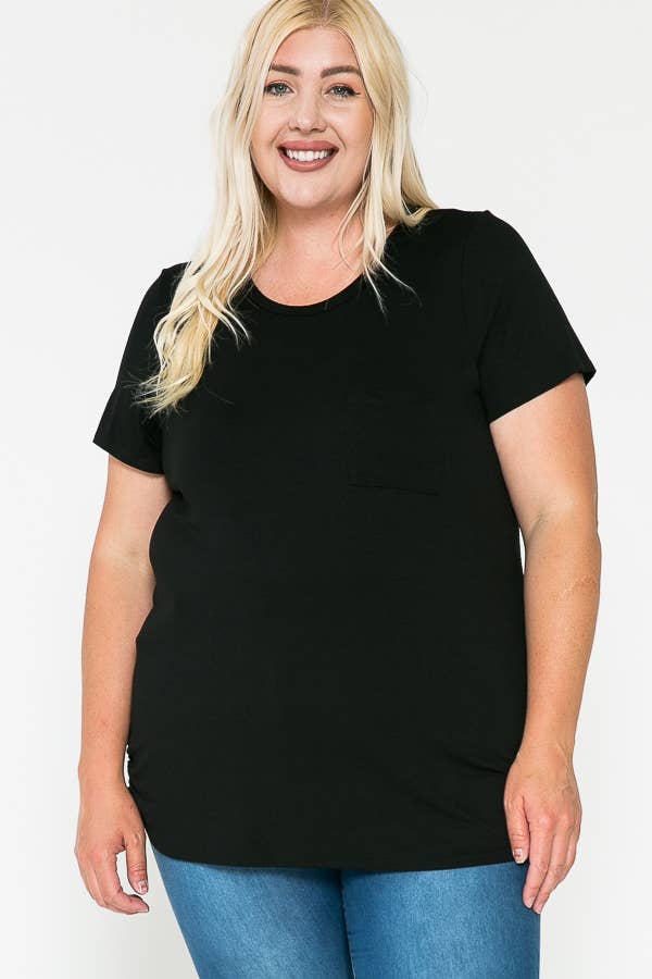 Plus Size Round Neck Solid Basic Side Shirring Blouse Top