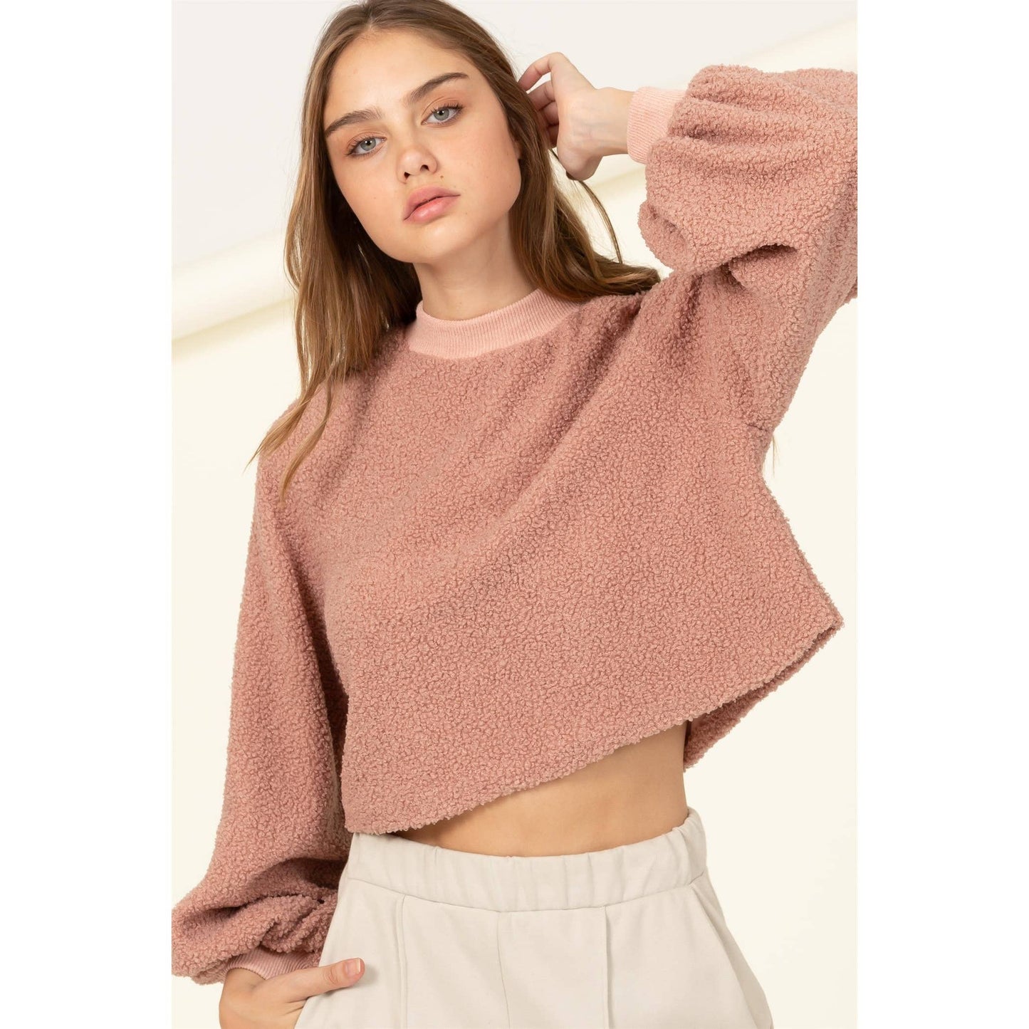 Taupe Raglan Balloon Sleeves Fur Pullover: