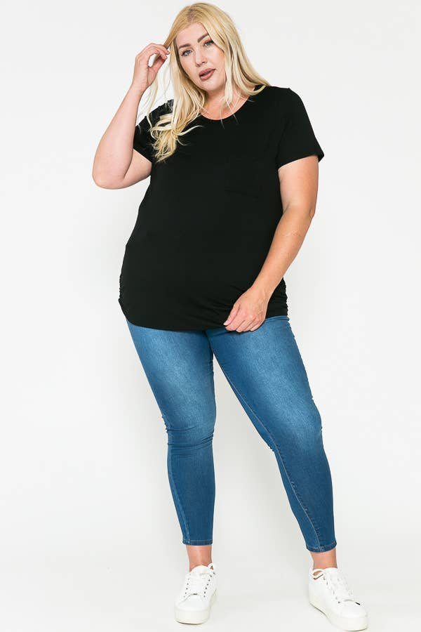 Plus Size Round Neck Solid Basic Side Shirring Blouse Top