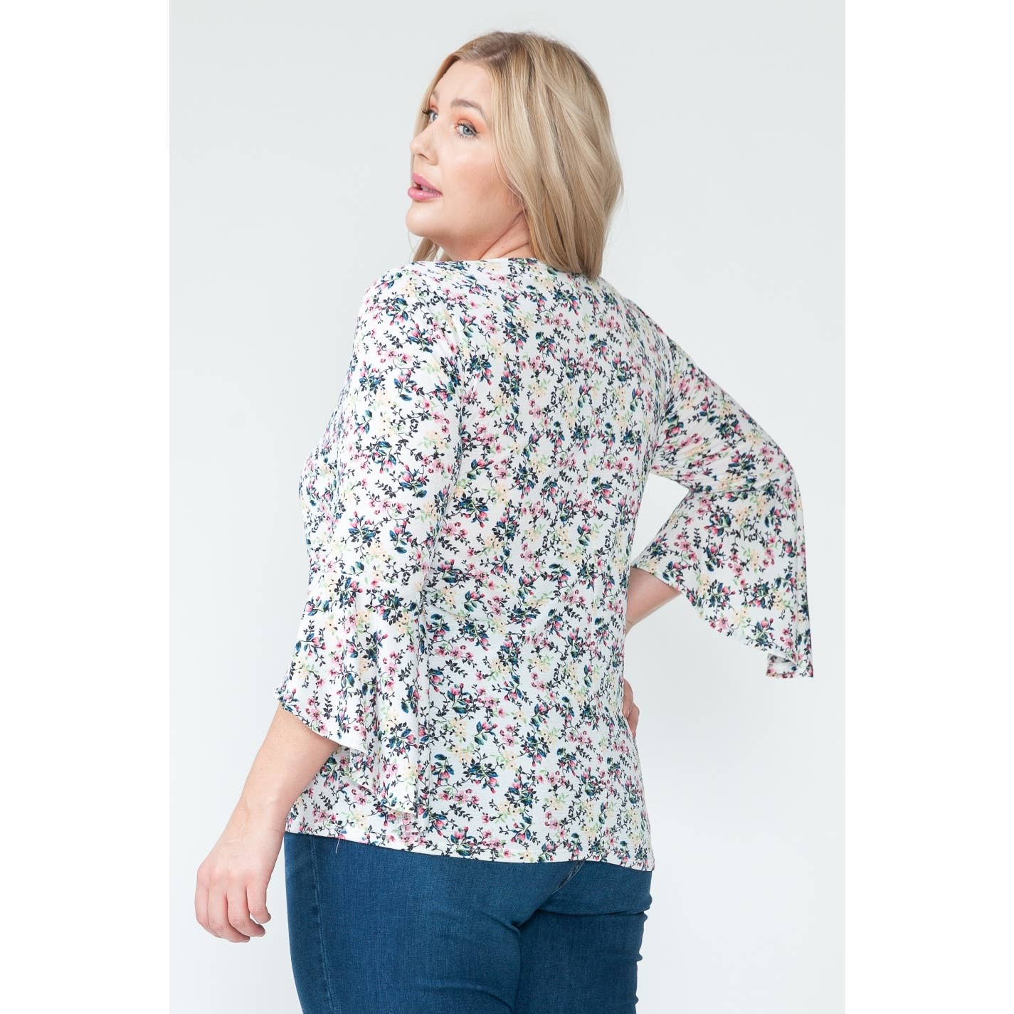 Plus Size Spring Floral Fairy Blouse with Ruffle Sleeves