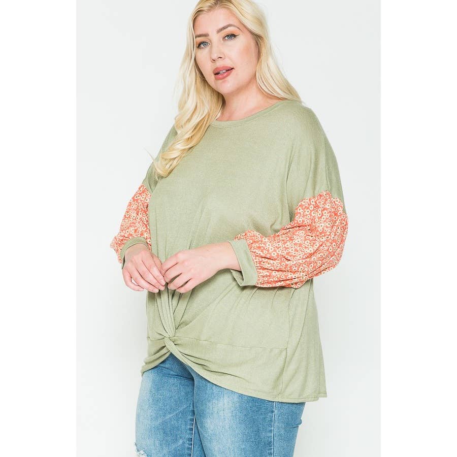Plus Size Floral & Solid Color Blocked Top -Valentine/Spring