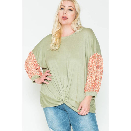 Plus Size Floral & Solid Color Blocked Top -Valentine/Spring
