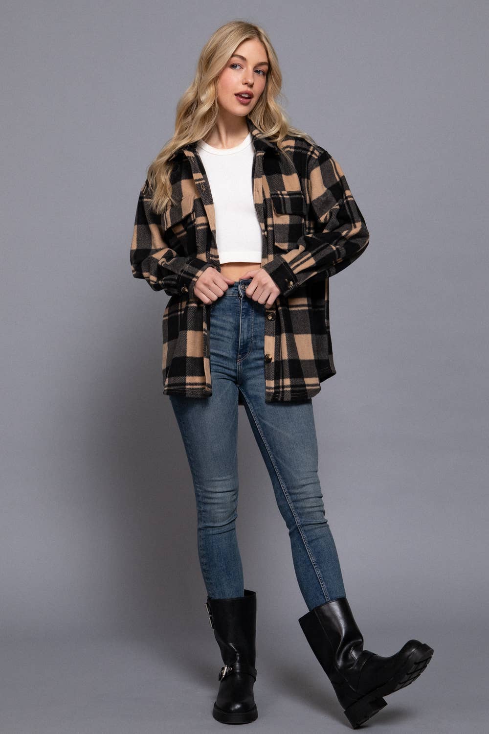 Black/Beige Printed Fleece Shacket