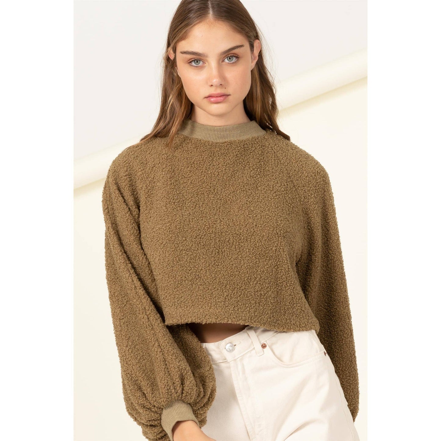 Taupe Raglan Balloon Sleeves Fur Pullover: