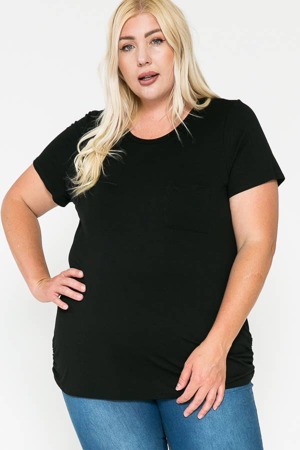 Plus Size Round Neck Solid Basic Side Shirring Blouse Top