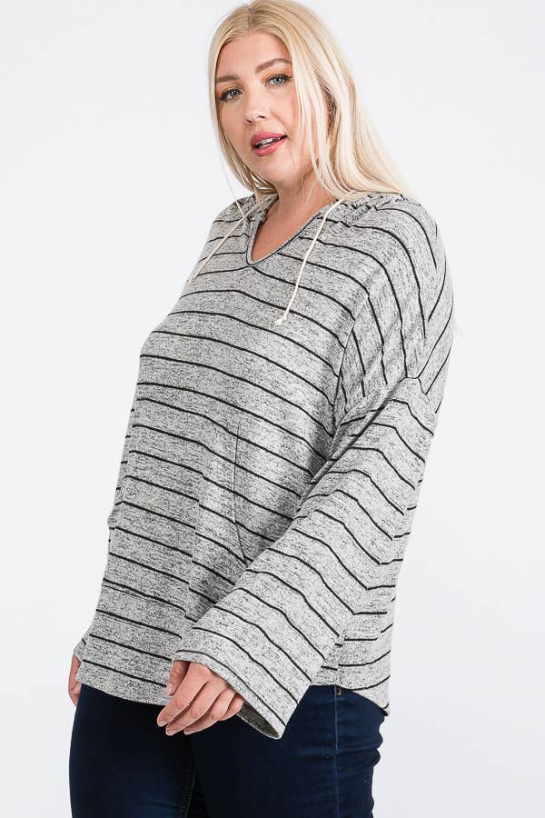 Plus Size V Neck Striped Round Hem Hoodie Basic Top