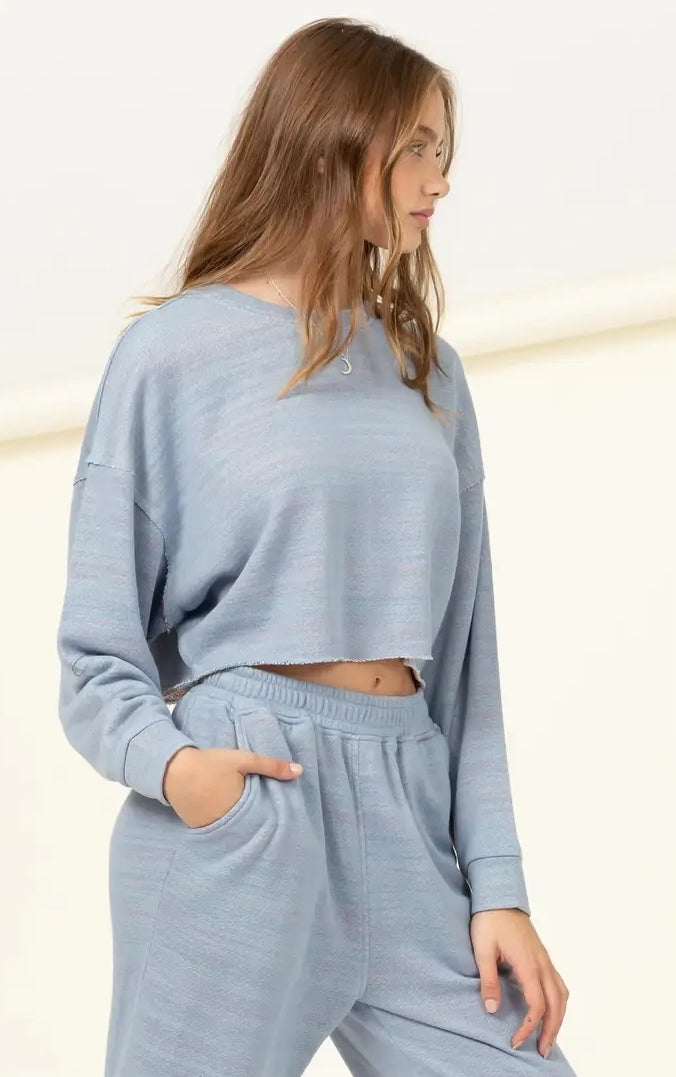 Dusty Blue Dropped Shoulder Crop Top