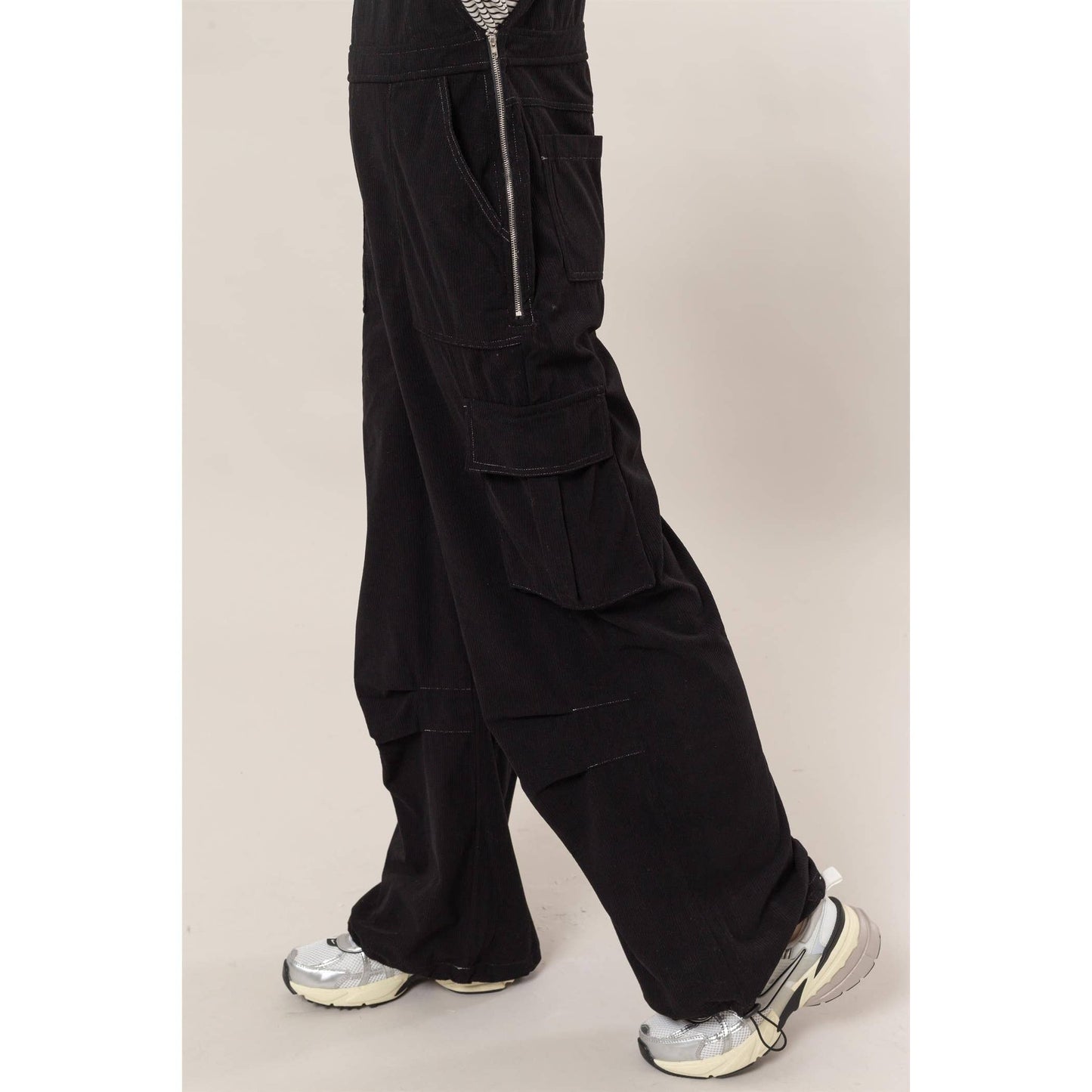 Black Corduroy Cargo Overalls