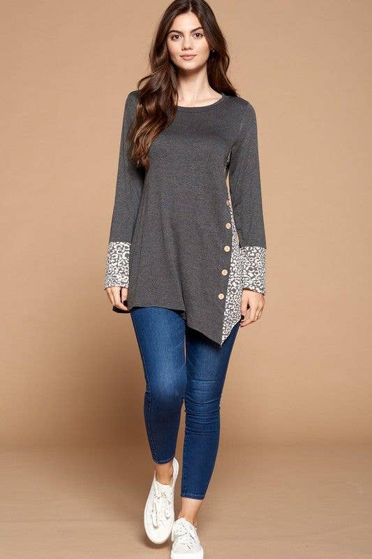 Grey Side Button Tunic Top: Heather Grey