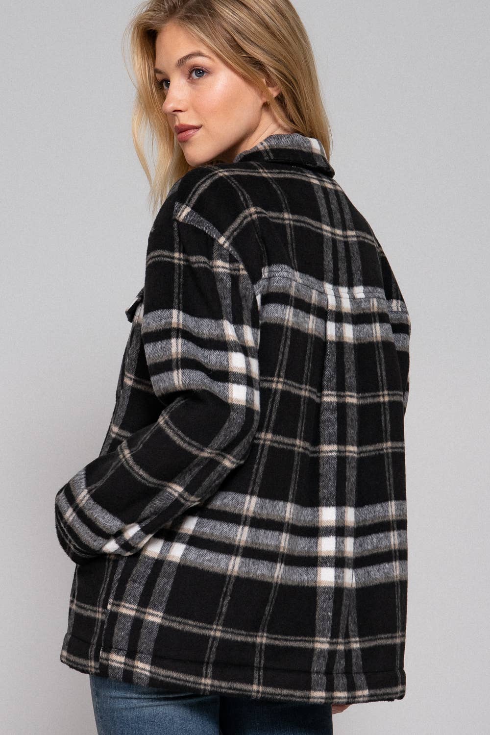 Black/cream Inside Faux Fur Brushed Plaid Jacket