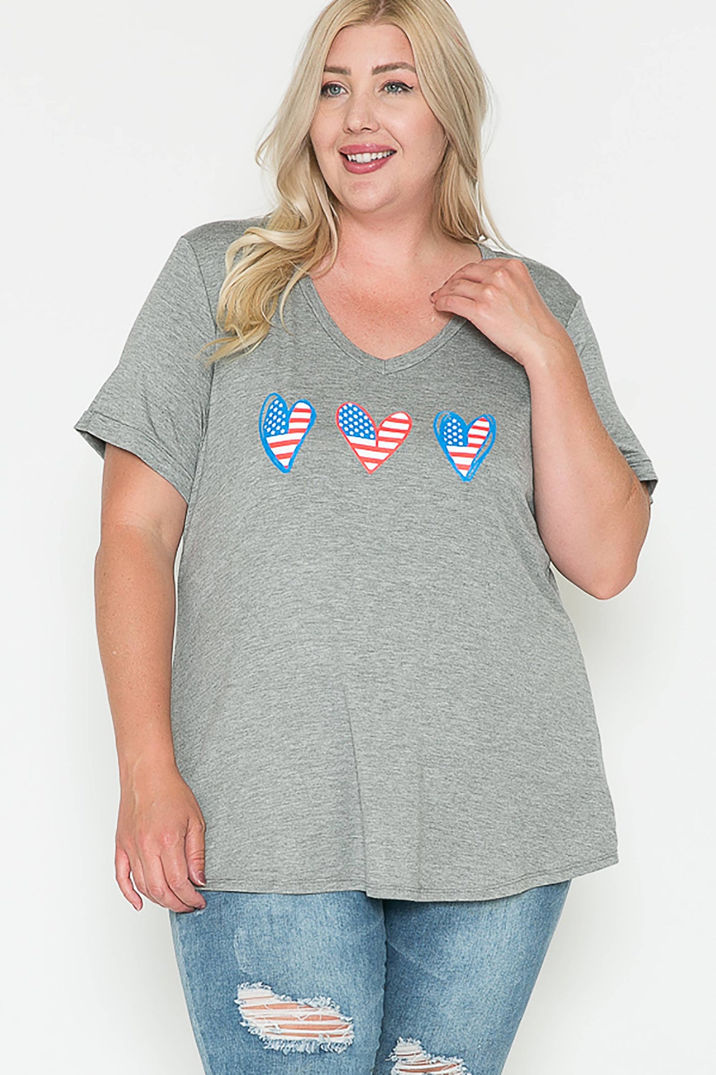 Plus Size 3 Heart Shape U.S. Flag Graphic T