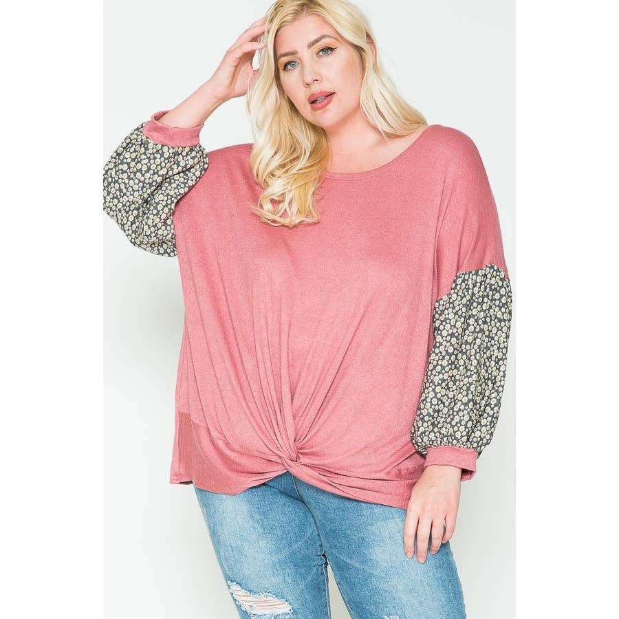 Plus Size Floral & Solid Color Blocked Top -Valentine/Spring