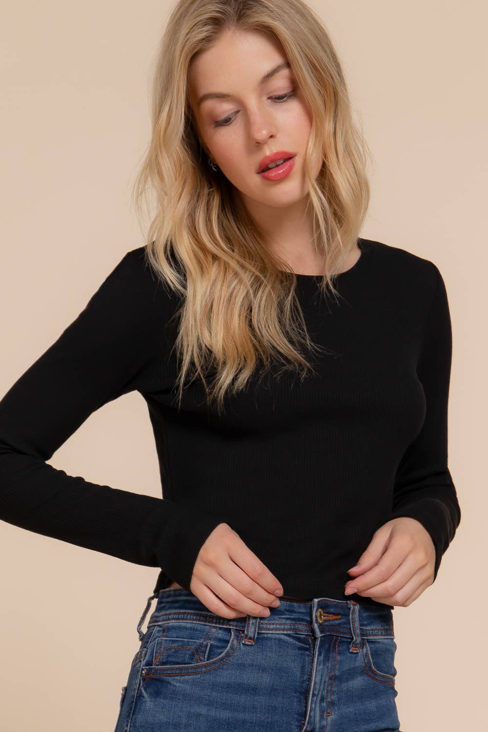 Long Sleeve Crew Neck Thermal Crop Knit Top
