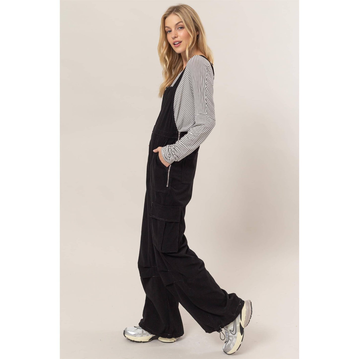 Black Corduroy Cargo Overalls