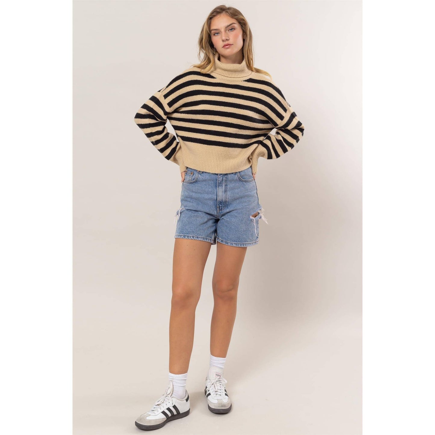 Striped Turtleneck Sweater: TAUPE/BLACK