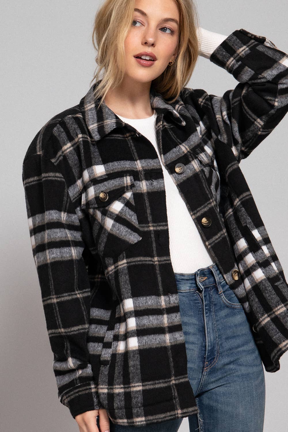 Black/cream Inside Faux Fur Brushed Plaid Jacket