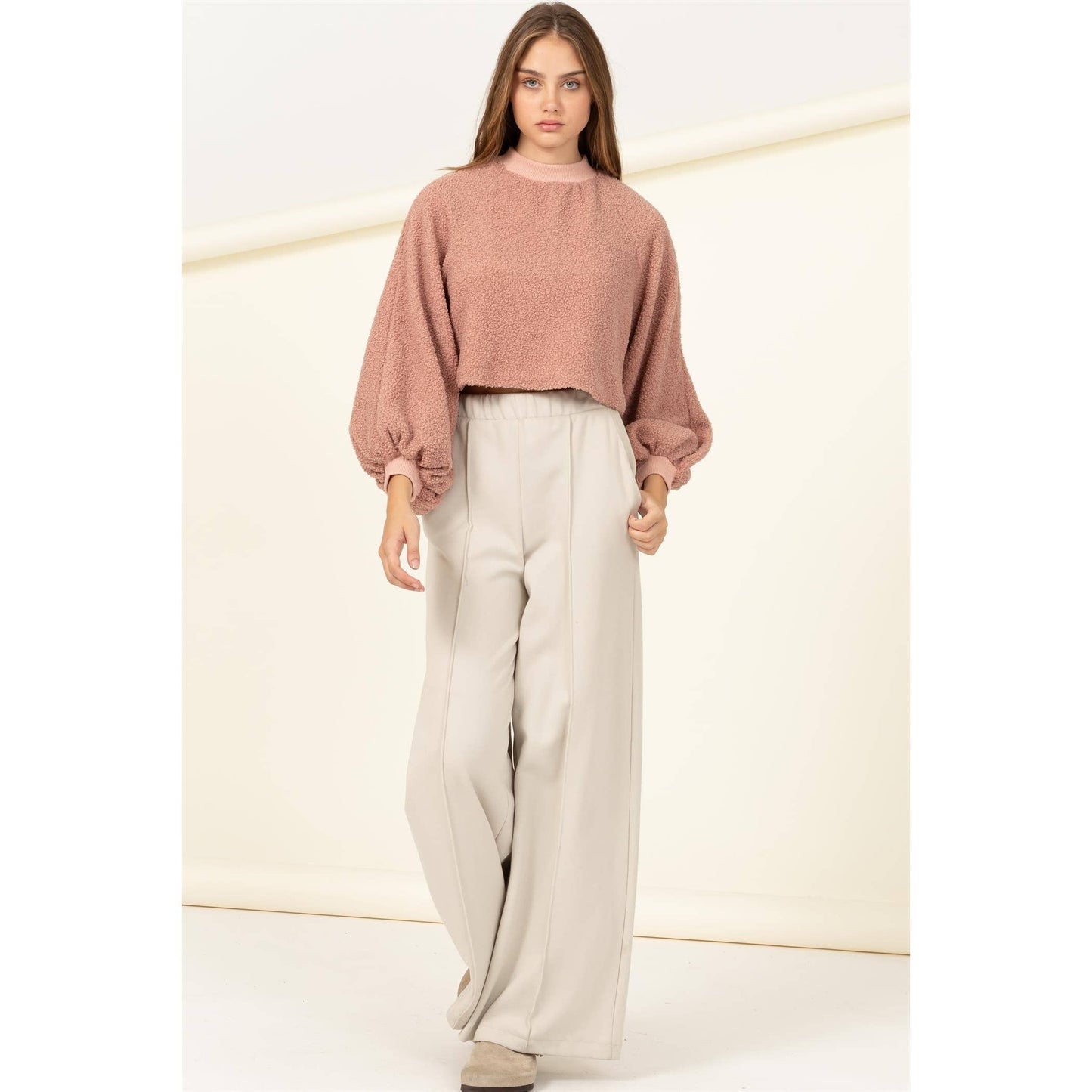 Taupe Raglan Balloon Sleeves Fur Pullover: