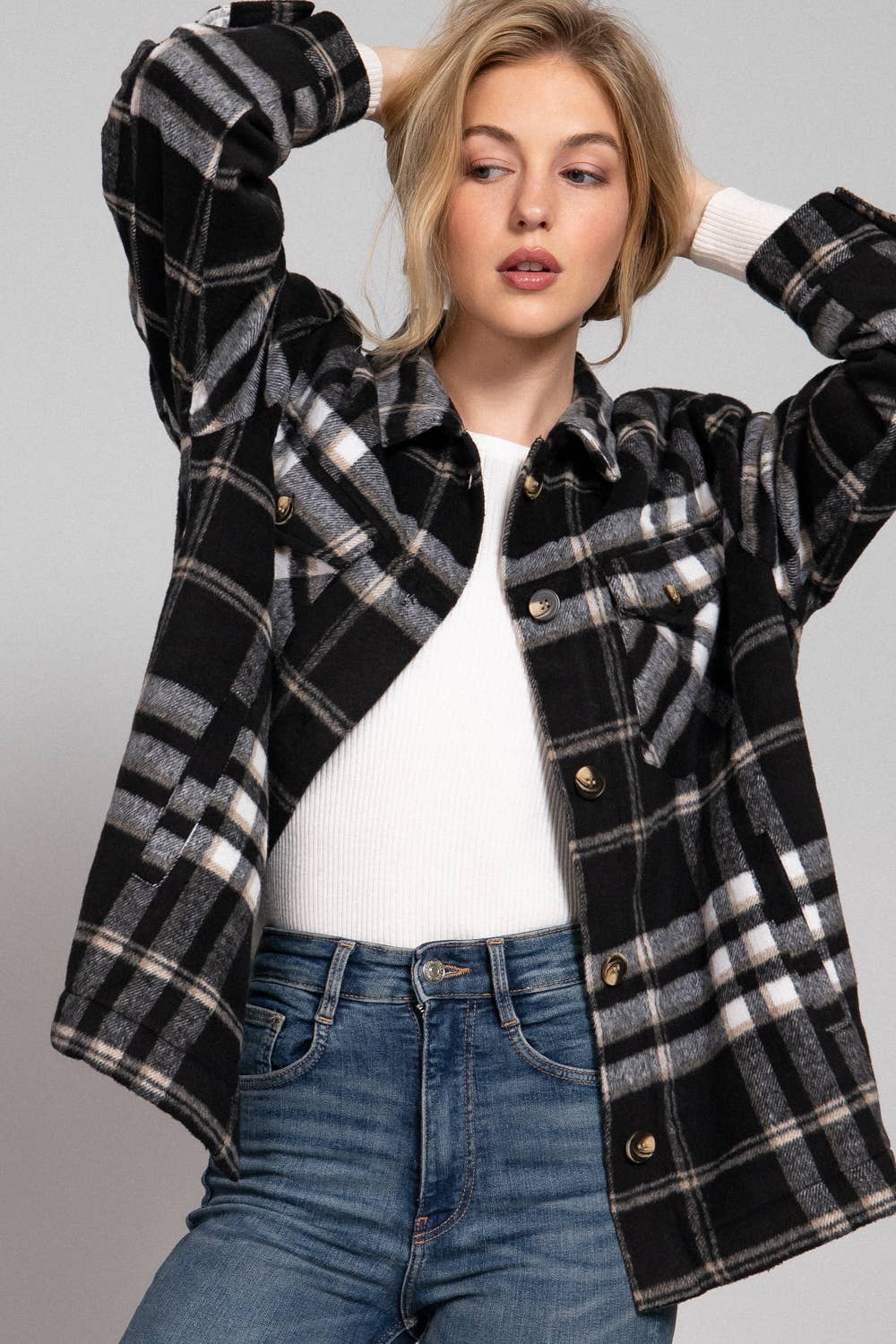 Black/cream Inside Faux Fur Brushed Plaid Jacket